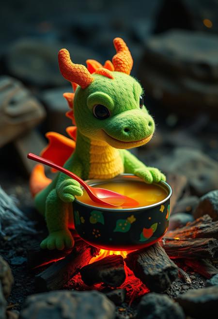 surreal VFX,  ikea style green plush nano-dragon cooking broth on a campfire with a red spoon seen under an electron scanning microscope, with details, vivid colors