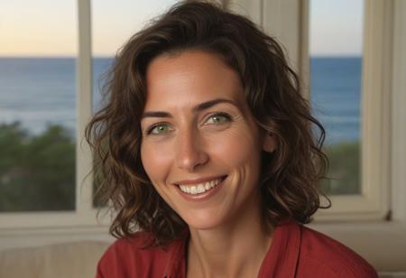 A meticulously detailed, hyper-realistic studio portrait of Olivia, a 35-year-old woman with sun-kissed skin and bright green eyes. She has a slim, oval, delicately contoured face with high cheekbones, a narrow jawline, and a subtle V-shaped chin. Her wavy, short-length light brown hair is casually tousled, framing her naturally beautiful face. Her skin has realistic texture: visible pores, soft natural wrinkles, gentle laugh lines, and minor imperfections that enhance authenticity. She wears a red button up shirt an a warm, genuine smile with slightly imperfect teeth. She seats in a warm living room, facing the sunset, and ocean,through a Bow  window, captured with an 85mm lens at f/4, with natural color grading and an unedited RAW film look — inspired by Kodak Portra 400. No makeup retouching, no plastic effect, no artificial smoothing.