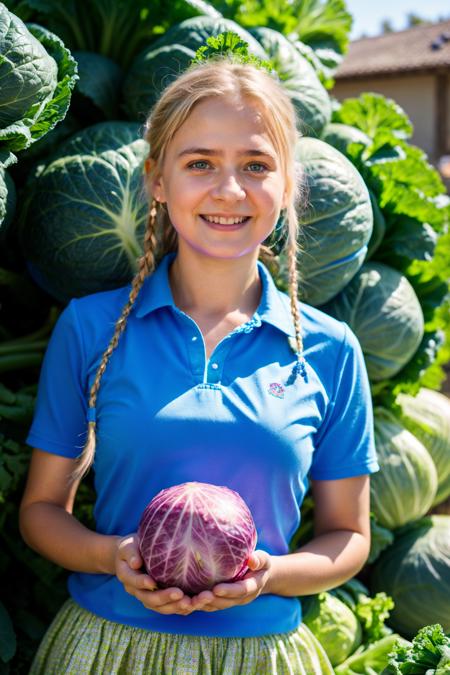 photo RAW,(Ukraine woman, the seller in the store, with an smiling expression, holds cabbage in her hand, blue pink uniform ,look to camera,(bokeh:1.1)), masterpiece, award winning photography, natural light, perfect composition, high detail, hyper realisti,(Fill with vegetables:1.2),green eyes, blonde hair,