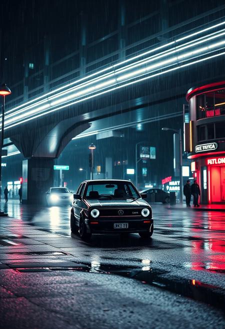 a dramatic nighttime scene under a bridge in a futuristic city, a vw golf mk2 standing there with bright lights and a stark contrast between light and shadow,  arches over the scene, it's raining the streets are wet and there are several puddles, neon lights and a bit of fog create a cinematic atmosphere