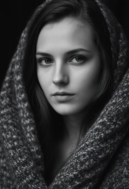 (black and white), portrait, closeup, styled 26 year old slavic super model ,wrapped in cozy woolen blanket,  striking face, strong  eyebrows, (sagging breasts), long brunette hair,  (bokeh), (cinematic), (film grain),  (natural soft body), black photostudio, dark background