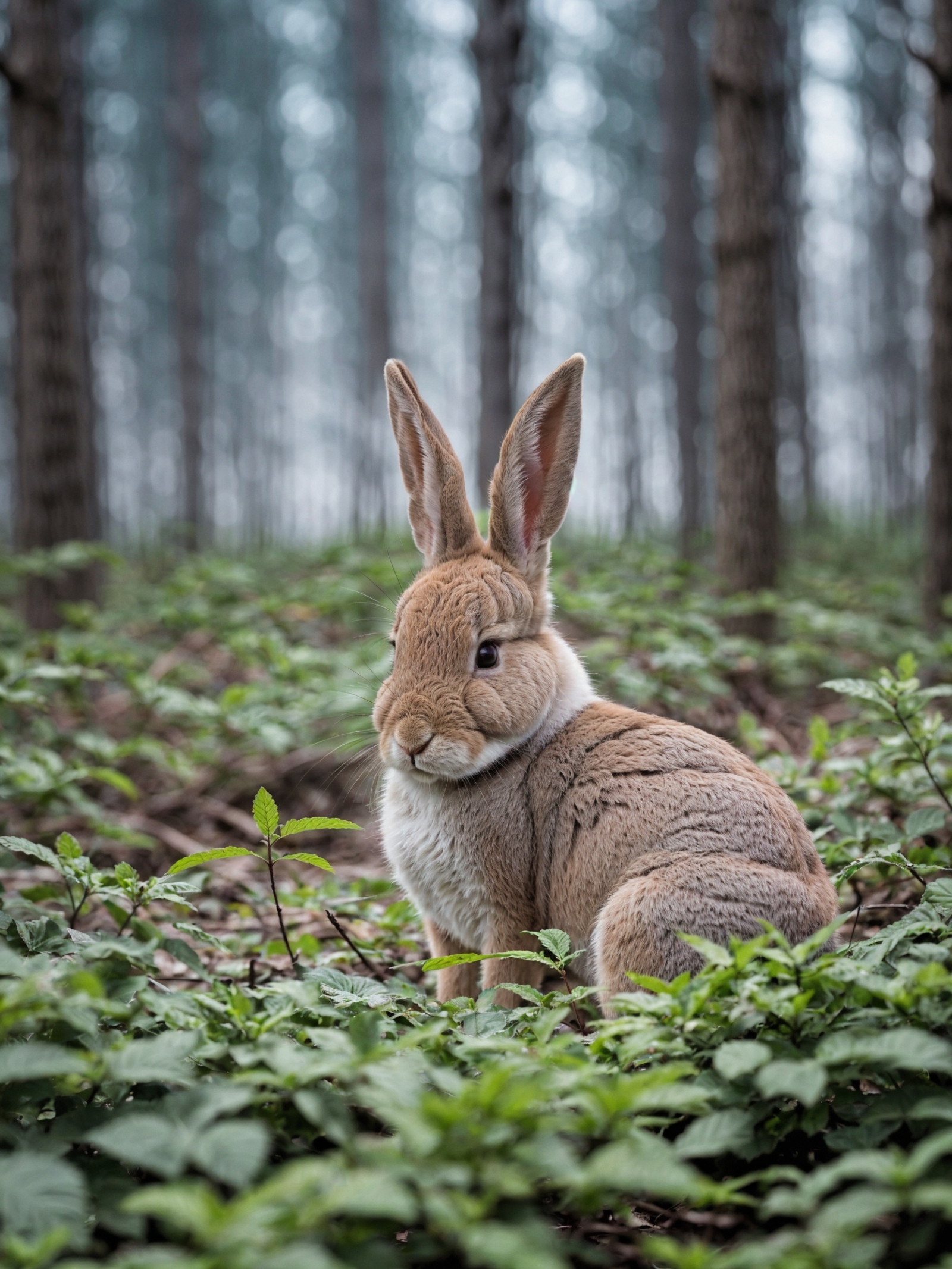 A brown and white rabbit with long ears standing in a grassy field.