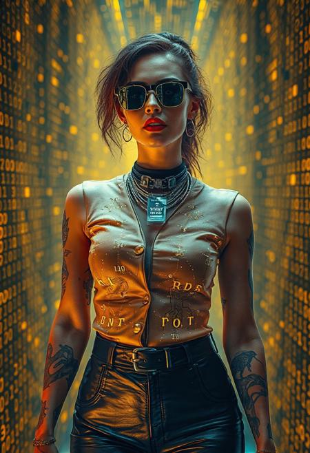 A cybernetic labyrinth filled with scrolling code streams. The woman’s gold-buttoned top is embroidered with pixel-art constellations, while her leather pants pulse with embedded LED circuits. Her sunglasses reflect strings of binary, and the layered necklace projects holographic runes. The background is a grid of shifting yellow and orange pixels, creating an immersive tech maze. Syd Mead’s digital minimalism collides with Rolf Armstrong’s retro-futuristic charm: glowing tattoos on her arms, a wink directed at the viewer, and a vibrant skin tone. Add flickering code trails and glitch effects.  Pixel constellations, LED circuits, binary reflections, holographic runes, glitch effects.