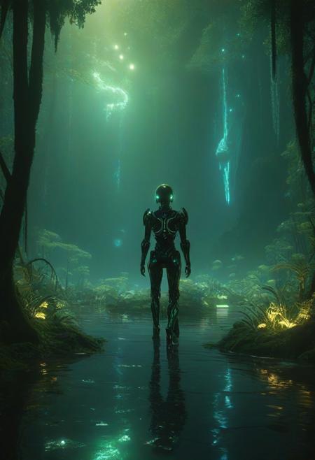 Ultrarealistic. sharp focus, dynamic lighting. play of light, reflection, refraction, Raytracing, Ultra detailed. Alien themed. Alien scenery. alien scenery background. alienworld. A gorgeous female robot in an alien forest. surrounded by ice.enchanting, cosmic, celestial, ethereal, vibrant flora, magical, luminous, serene, dreamy, radiant, bioluminescent, intricate details, surreal, enchanted forest