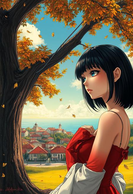 (photorealism:1.5)
Tomie Kawakami from Junji Ito collection,  thoughtful expression, gazing at the majestic tree, falling leaves,  calm coastal village in the background, warm sunlight, vibrant colors, high contrast, hyper-realistic, serene atmosphere, pensive pose, detailed, high-definition, reflective mood, peaceful setting, torn dressm long black hair, blue eyes
slight freckles, long eyelashes, thick eyebrows, torn pelvic sheer curtain, bridal gauntlets, torn red dress