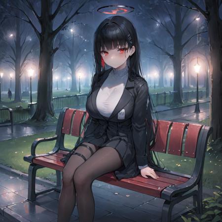 extremely detailed background, outdoors, 1girl, solo, Tsukatsuki Rio, <lora:Tsukatsuki Rio  XL V1-000009:0.6>, black hair, red eyes, sitting on bench, in the park, outdoors, in the night,