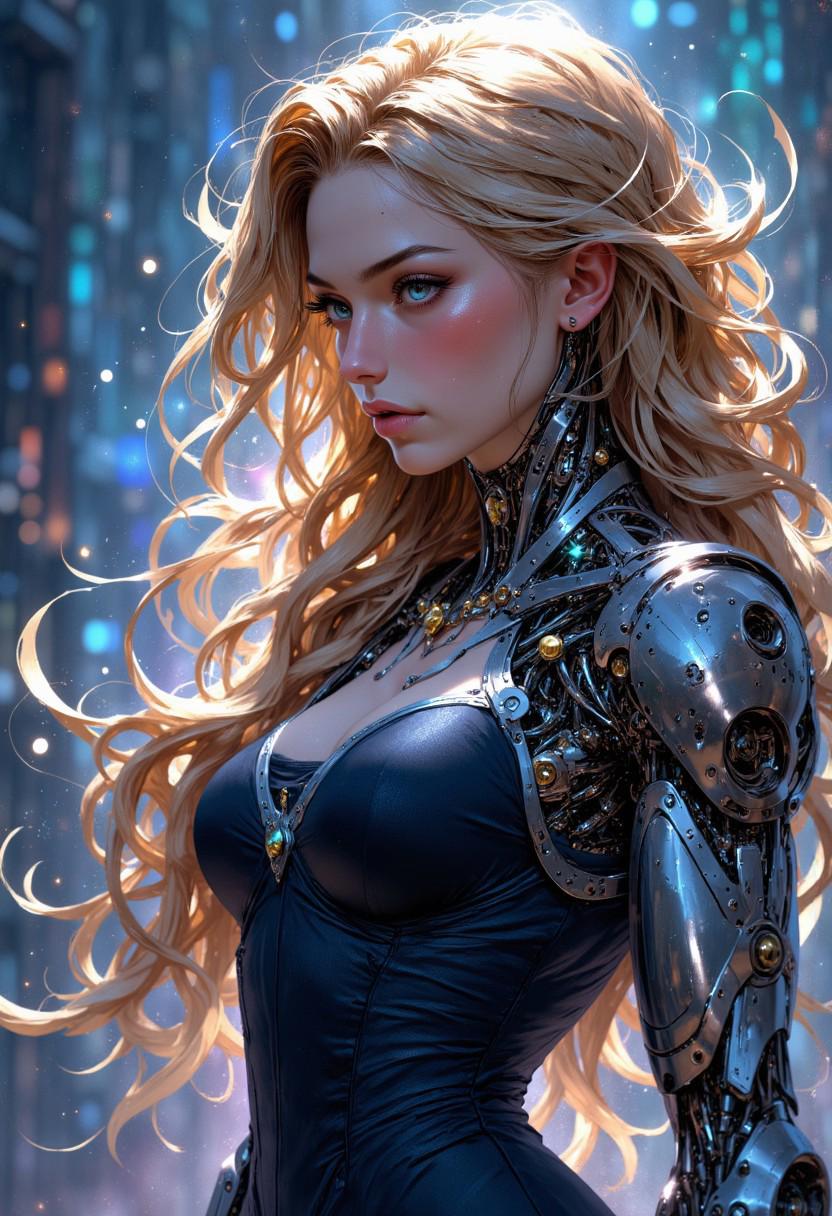 A mesmerizing, semi-realistic digital illustration of Violet Evergarden, reimagined as a graceful cyborg. She stands elegantly, her golden blonde hair cascading in soft waves, framing her delicate face. Her brilliant blue eyes gleam with quiet emotion—reflecting strength, loss, and hope. Her arms, elegantly mechanical, glint with polished metal, each joint crafted with intricate detail that enhances her ethereal beauty rather than diminishes it. A fitted navy-blue dress with white accents flows gracefully around her, the fabric catching soft iridescent highlights as it moves.
The surreal background swirls with misty blues, soft golds, and hints of violet, evoking a dreamlike, timeless atmosphere. Floating motes of light drift gently around her, casting shimmering reflections on her metallic hands. Beams of pale light break through the mist, illuminating her figure with a soft, otherworldly glow, blending technology and beauty seamlessly.
The cinematic lighting adds depth and warmth, evoking the painterly styles of Artgerm and WLOP, with glowing highlights and delicate shadows enhancing her serene, thoughtful expression.
(((Digital illustration))), close-up portrait, semi-realistic art style, surreal colorful background, cinematic lighting, glowing iridescence, soft focus BREAK ((best quality:1.6)), ((high details:1.5)), ((4K:1.5)), ((soft glows:1.3)), ((colorful surrealism:1.3)).