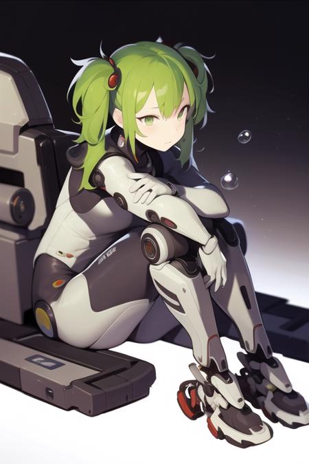 in the style of <lora:mcg-000008:1>.mecha, robot, science fiction, solo, cockpit, 1girl,  mecha, robot, twintails, white background, long hair, green hair, sitting inside the mecha, science fiction, solo, green eyes, barefoot, hugging own legs, bubble