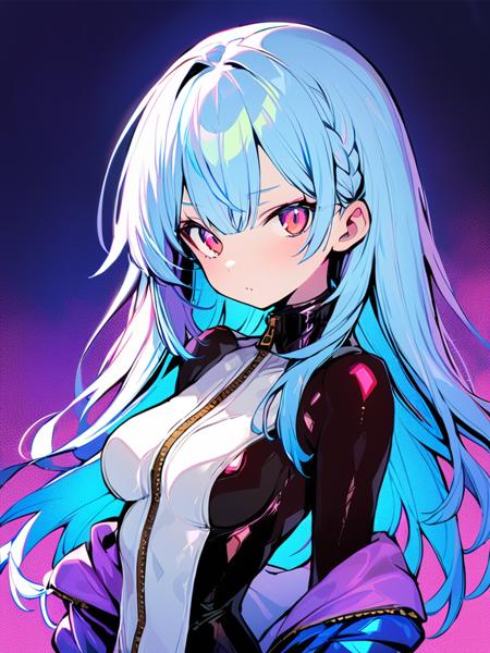 <lora:XL_dohna dohna style-000008:1>,dohna dohna style, 1girl, kula diamond, solo, long hair, blue hair, breasts, looking at viewer, red eyes, upper body, zipper, bodysuit, medium breasts, bangs, closed mouth, jacket, masterpiece, best quality,