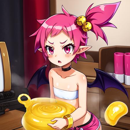 Hanako, pointy ears , small bat wings, side ponytail, pink eyes, flat chest, short  pink hair,  upper body, 
HanAtt,hair ornament,choker,bracelet ,white bandeau,bike shorts ,  pink shorts,   
outer space,  stars,  large  pots with yellow slime,   store counter,  serious face, 
(insanely detailed, beautiful detailed face,  masterpiece, beautiful detailed  eyes, best quality)       <lora:Hanako-10:0.7>