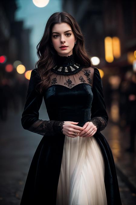 AnneH_SoloTI_v1,
(Wearing a captivating black velvet gown that hugs her curves, adorned with intricate lace detailing and a high collar that frames her pale complexion, accessorized with elegant yet mysterious jewelry),
(Strolling through the dimly lit streets of an ancient city, with the moon casting ethereal shadows and the distant howl of wolves echoing in the night, where every corner holds the promise of both danger and allure, and every gaze from her hypnotic eyes draws unsuspecting souls closer: 1.3),
(seductive:1.3),(analog, cinematic, film grain, hazy atmosphere, cinematic shot:1.3), 
 <lora:add_detail:0.6>,<lora:LowRa:0>, PA7_Portrait-MCU,