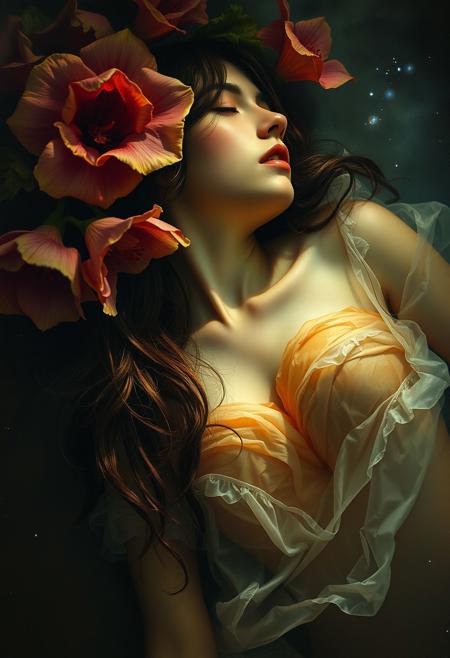 Ophelia's dream, Low saturation color photography, vintage, grunge, top light, masterful painting in the style of Anders Zorn | Marco Mazzoni | Yuri Ivanovich, Todd McFarlane, Aleksi Briclot, oil on canvas