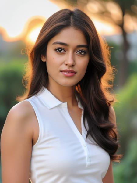 glamour photo of a icruz woman, in white sleeveless polo, close up, at night, city light bokeh, Canon 5Diii,  looking at camera, black hair  <lora:icruz_sdxl_LoRA-000004:0.9>