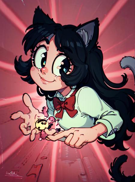 1girl, (black long hair:1.3), (cat girl, school uniform, cat ears, bag), cute pose, looking at viewer, four fingers, retro artstyle, toon \(style\), sexy, nervous smile, jumping, one eye closed, 
(red background:1),
(masterpiece:1.2), (best quality, highest quality), (ultra detailed), (8k, 4k, intricate),(full-body:1), (50mm), (highly detailed:1.2),(detailed face:1.2), detailed_eyes,(gradients),(ambient light:1.3),(cinematic composition:1.3),(HDR:1),Accent Lighting,extremely detailed,original, highres,(perfect_anatomy:1.2),
<lora:Retro_Style-20:0.8>