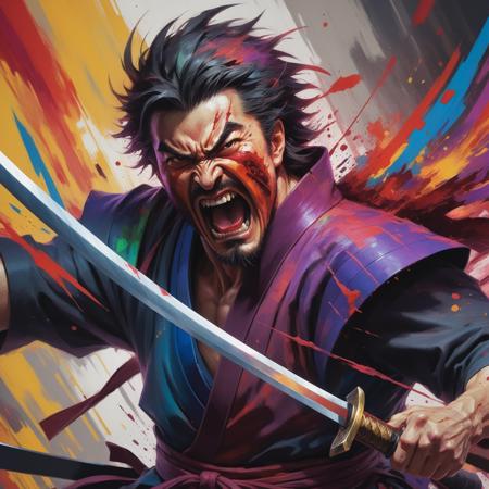 (close up of left shoulder), vibrant colors, off-camera thrusted blade into viewer, chaos driven anime abstract art into corner frame, rush of blood paint over swordsman, screaming, diagonal thrust, tortured samurai