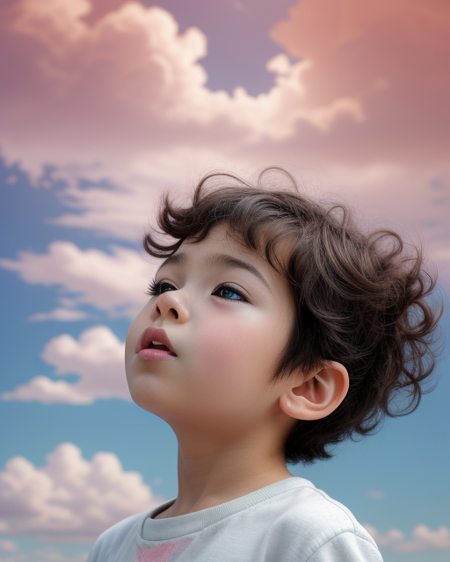 Cute child (ethnicity:1.1), (age:2), (detailed clothing:1.1), (expression:surprised), (facial features:1.2), looking upward, mouth wide open,  curly dark hair, large expressive eyes (detailed eye makeup:1.2), (body type:1.1),  (pose:1.2),  wearing light pink shirt with colorful designs;  sky background with soft pastel colors (light blue, pale pink, light peach), fluffy clouds;  composition centered on the child;  soft lighting,  style anime/manga illustration, photo style,  high detail digital painting;  child centered in the frame,  facing upward, full shot, soft focus on eyes and facial expressions.