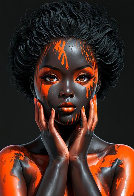 posing with hands on face like a fashion model photoshoot, closeup portrait, black and white, subtle hints of orange, a chubby curvy fantasy girl nudist, dark skinned asian african, cute, in the style of dark and intricate, heavy use of palette knives, black arts movement, zbrush, loose and fluid, asante art, black paintings --ar 1:2 --stylize 1000 --weird 95