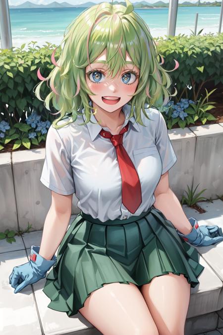 TooruU1, 1girl, solo, looking at viewer, green hair, blush, green eyes, messy hair, medium hair, medium breasts,bangs, hair between eyes, open mouth, smile, gloves, ahoge, blue gloves, multicolored hair, (teeth:1.1), (white teeth:1.1), cowboy shot, school uniform, white shirt, necktie, red necktie, skirt, pleated skirt, (:d:1.1), collarbone, collared shirt, green skirt, u.a school uniform, short sleeves,  swewat,  sitting, sitting in, girl sitting,  outdoors, day, clouds, buildings, school, trees, bushes, (from above:1.2),
BREAK
masterpiece, best quality, highly detailed background, perfect lightingbest quality ((shiny skin, glossy skin, detailed skin)),
 <lora:TooruU1:0.8>