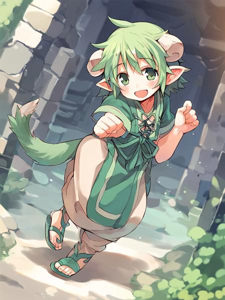 Resi, tail, green hair, green eyes, male focus, pointy ears, short hair, horns, broken corner, animal ears, otoko no ko, 