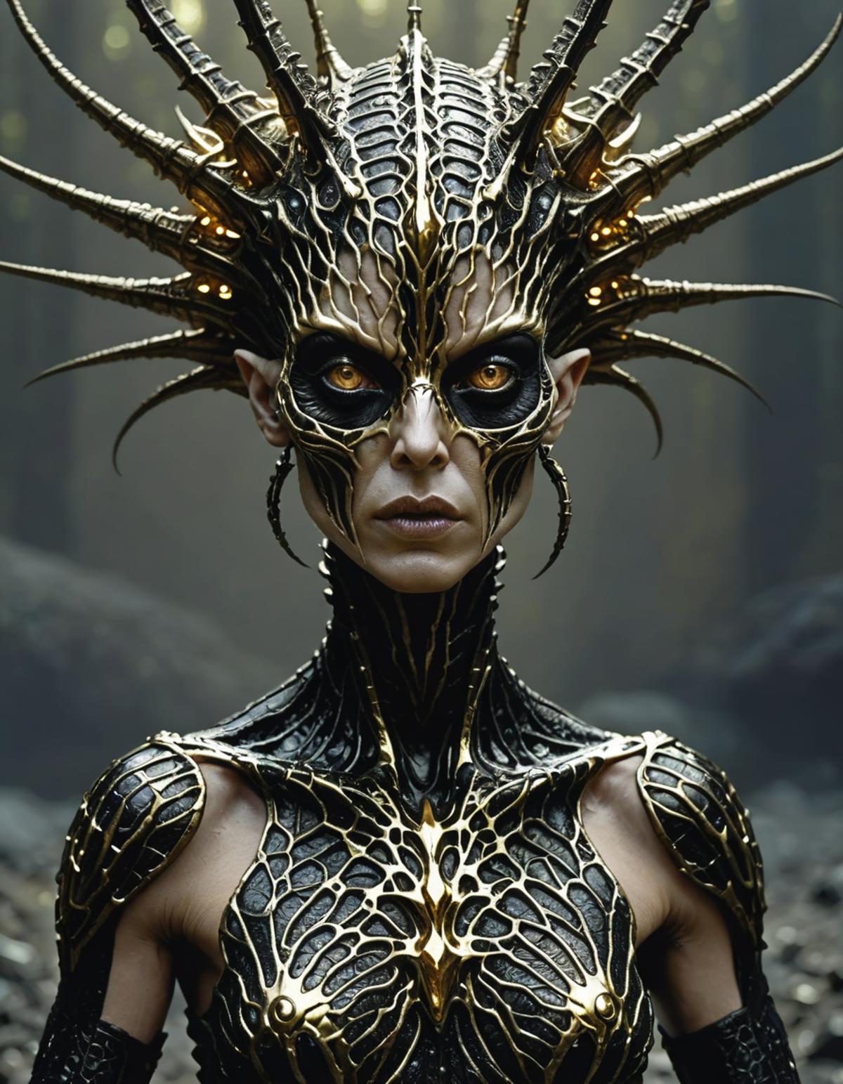 A close-up of a woman with gold and black makeup on her face and intricate snake-like designs on her head.