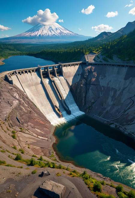 extremely detailed, landscape of a dam, lake ,in ravine, sunny weather, some cloud, unreal engine 5, perfect composition, vibrant, rtx, hbao, sharp, expanded view, dam view, pnw, (mount Saint helens: 1.39)