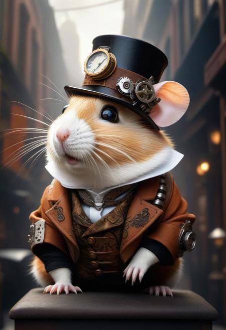 knee level view of a ((Steampunk)) Hamster animal with fine high tech skin details, detailed face tattooed, background is very old city street during sunrise, sf, intricate artwork masterpiece, orange and white pastel ratio, fog ambiance, ominous, photo realistic, ultrafine details, atmospheric, matte painting movie poster, by antonio mora and bruno catalano
