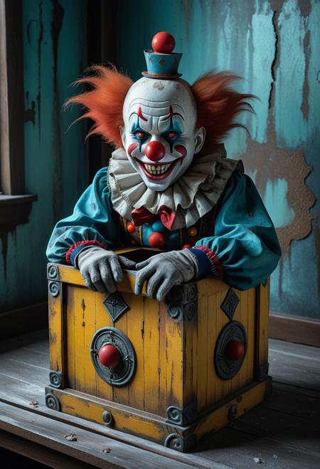 A haunting scene features a weathered, wooden jack-in-the-box with carved occult symbols, cracked paint, and rusted hinges, sitting in the middle of a decayed, dimly lit room. From within the box, a grotesquely cheerful clown head springs forth, its face painted in classic white with exaggerated red and blue features, yet cracked like porcelain. The clown’s wiry hair is tangled and sparse, enhancing the eerie effect of its wide, frozen grin. Wisps of fog curl from the interior of the box, adding a spectral ambiance. The muted teal and ochre tones of the scene, paired with textured wood grain and crumbling plaster walls, give the impression of aged despair. The atmospheric lighting casts long shadows, illuminating dust in the air and deepening the unsettling fantasy realism. Every detail—from the clown's stylized, uncanny anatomy to the hand-etched symbols on the box—contributes to the darkly whimsical horror aesthetic, evoking a surreal tale frozen in time.