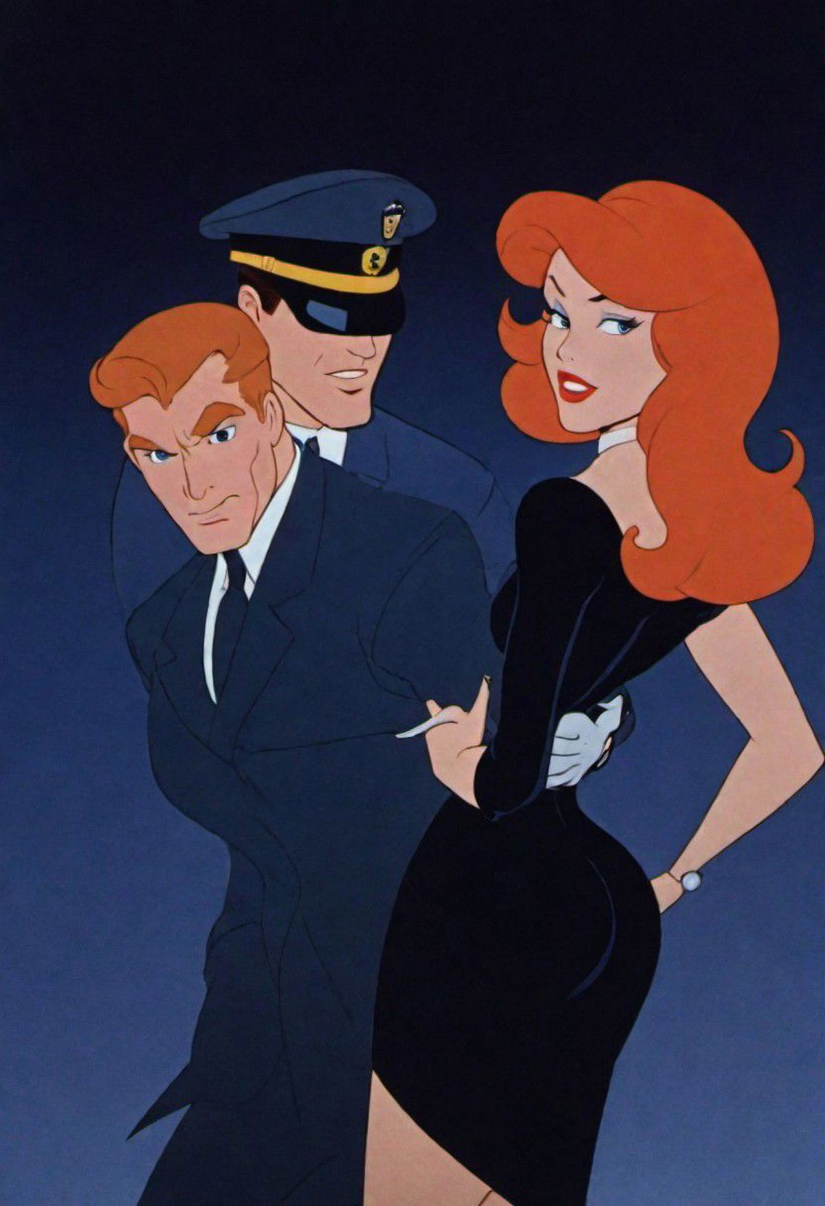 The image is a cartoon featuring a man and a woman, both wearing black clothing. The man is wearing a tie, and the woman appears to be wearing a black dress. They are standing next to each other, possibly posing for a picture. The woman seems to be holding onto the man's arm or hand, creating an intimate and friendly atmosphere. The scene is set in a dark environment, which adds a sense of mystery and intrigue to the image.