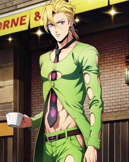 1boy, fugojojo, green clothing, solo, clothing cutout, purple eyes, BREAK (blonde hair), looking at viewer, standing, navel, necktie, upper body, cafe background, lights, coffee, hq, hi res, amazing artwork, official art, pixiv, 
 <lora:fugojojo-000006:1>