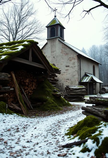 Old moss-covered village firewood, cold light, church building
