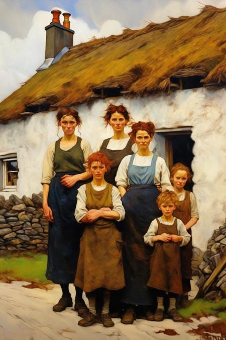 <lora:William McTaggart Style:1>William McTaggart Style - A painting of a poor working class family in front of their rustic thatched cottage in rural Ireland in the style of Norman Rockwell