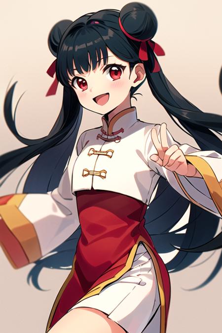 masterpiece, best quality, <lora:meiling_scc:0.7> meiling_scc, 1girl, solo, long hair, black hair, looking at viewer, smile, open mouth, bangs, red eyes, twintails, hair ribbon, double bun, red dress, white dress,  chinese clothes, long sleeves, wide sleeves, jingle bell, anime coloring,