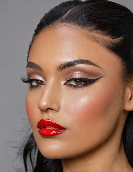 black hair, parted lips, brown eyes, realistic, makeup, long hair, portrait, eyelashes, eyeshadow, close-up, nose, eye focus, grey background, simple background, lipstick, eyeliner, looking away, red lips
 <lora:Modern_MakeUp-000003:.75>, , <lora:FILM_PHOTOGRAPHY_STYLE:0.25>