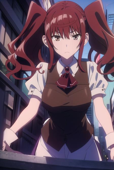 erikakuramoto, <lyco:erikakuramoto-LYCORIStest:1>,
erika kuramoto, twintails, (red hair:1.5), two side up, (brown eyes:1.5), hair between eyes, (large breast:1.2),
BREAK collared shirt, shirt, ascot, red ascot, juliet sleeves, short sleeves, sweater, brown sweater vest,
BREAK looking at viewer,
BREAK indoors, classroom,
BREAK <lora:GoodHands-vanilla:1>, (masterpiece:1.2), best quality, high resolution, unity 8k wallpaper, (illustration:0.8), (beautiful detailed eyes:1.6), extremely detailed face, perfect lighting, extremely detailed CG, (perfect hands, perfect anatomy),