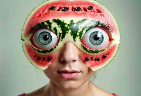 A female watermelon-human hybrid with embedded electronics, giant cartoonish eyes starring into camera,