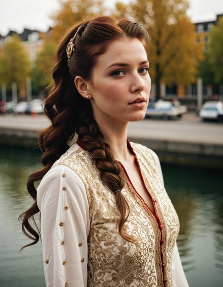 RAW full body analogue photo of a beautiful 25 years old woman, clear focus, high resolution image, pale skin (Auburn-hair Icelandic woman), freckles, freckles all over body, realistic freckles,  ,RAW full body analogue photo of a beautiful 25 years old , high resolution image, Wearing traditional Indian clothes ((Salwar Kameez)), Natural hair, low light, soft natural light, Rembrandt style light, Hasselblad DLSR camera, 200mm Zeiss lens, f/2.8, Camerera view low-angle shot ,Sexy pose, erotic pose, exhibitionism ,Waterfront promenade, (Retro hairstyle:1.6),,high quality, film grain, Fujifilm XT3, 8k uhd, dslr, film grain, kodak tri-x 400 film, grain photo DOF, faint lighting, dynamic angle, cinematic, Depth of field, bokeh, best quality, cinematic, light particles, highly_detailed, very_aesthetic, golden hour, beautiful_and_aesthetic ,Sexy pose, erotic pose, exhibitionism, ,steampunk clockwork city