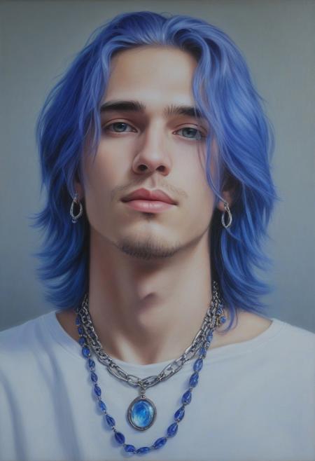 Realistic soft oil painting, a very handsome man with a delicate face, 18 years old with bright blue long hair dyed in a rich color.  Looking up and away, the man wears several pieces of jewelry, including earrings and necklaces. Two necklaces are visible on the neck: one with large beads and pendants in the form of various figures, and the other is a metal chain. The background of the image is a theater studio, and the person's clothes consist of purple and blue elements