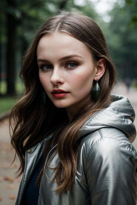 photo of (0dej0nge:0.99), a beautiful woman, perfect hair, (vintage photo, Heather Gray Oversized quilted coat in a high-shine metallic fabric for a statement look), 85mm, (analog, cinematic, film grain:1.3), (tintype), (in a park:1.2), detailed eyes, (seductive pose), (epicPhoto), (looking at viewer), painted lips, earrings, (cinematic shot:1.3), PA7_Portrait-HL_v2