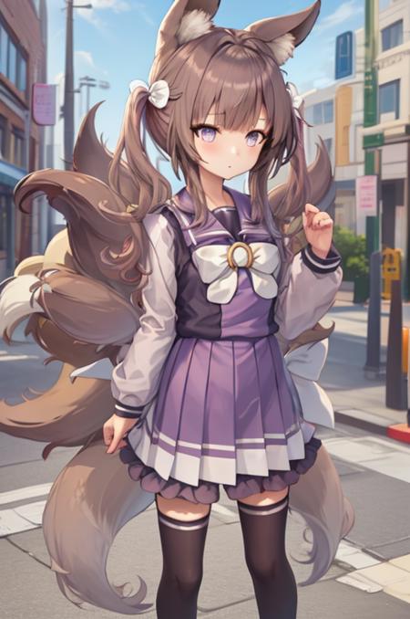 masterpiece,1girl,solo,winter uniform,thighhighs,hair ornament,standing, multiple tails,fox tails,street, <lora:tracen_school_uniform_winter:1.2>