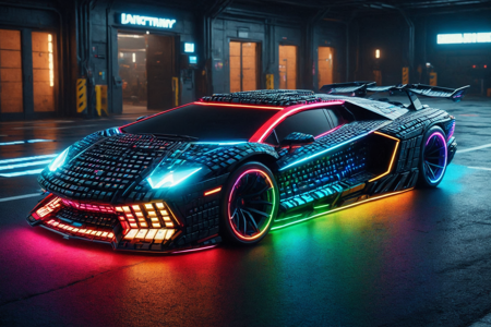 a hovering sedan made out of RGB Keyboards, with smooth lines, floating wheels, solo, tinted windows with RGB lights, reflective glass, a digital space station hangar with metallic walls glowing with RGB lights, stars visible, detailed background, racing on a track, wheels spinning with RGB lights, dynamic motion, wide shot, a glowing RGB charging station with RGB lights, cables connected, best quality, vibrant colors, photorealistic style, high detail, high-definition, hyper-realistic, extremely high-resolution details, fine texture, incredibly lifelike, realistic, not cartoon, not drawing, highres, 4K resolution, source photo, realistic photo, masterpiece, best quality, amazing quality, very aesthetic, ultra-detailed, detailed textures, natural lighting, soft lighting, cyberpunk neon colors, deep blues, fiery reds, digital flash, bright and intense, overhead shot, <lora:RGB_Keyboard_themed-000008:1>