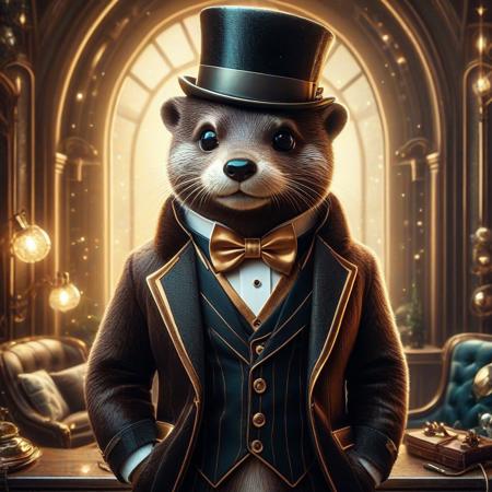 digital painting of a modern edge cute otter in suit and bowtie, top hat and cutting edge sunglasses,  entirely made of retro sophistication texture, whimsical and magical atmosphere, soft lighting, highly detailed and stylized, concept art for a vintage charm-themed universe