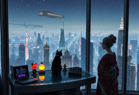 Jiji, the cat from Kiki's Delivery Service sits on a cluttered metal riveted desk with transparent top and rgb led computer components visible inside, On the desk are a maneki neko statue and a lava lamp, Jiji the Black Cat is looking out of a seamless and futuristic floor to ceiling window that looks out at a very high view from an apartment on the 400th floor of a futuristic Tokyo skyscraper, the year is 2250, The city has thousands of enormous wide and tall futuristic skyscrapers and space ships covered with lights in the sky, (((Kiki from Kiki's Delivery Service, 24 years old, is standing next to the cat looking out at the enormous city at night, filled with buildings of many shapes and sizes, some over a mile tall))), Kiki is dressed in an ornate Japanese style bath robe. An enormous deco starship with futuristic lighting and design is visible high above the city, and a space station is visible in the background among the stars, many many small flying personal transports are flying around the city, multiple elevated train tubes are visible moving between large buildings, The woman's hair is messy from just waking up and tied up with a ribbon. Artistic cyberpunk, dynamic perspective, The focus is on Jiji and Kiki standing together looking out the window at the view together, (((overall architectural aesthetic is Art Deco Cyberpunk))).  Mt Fuji can be seen in the far distance,