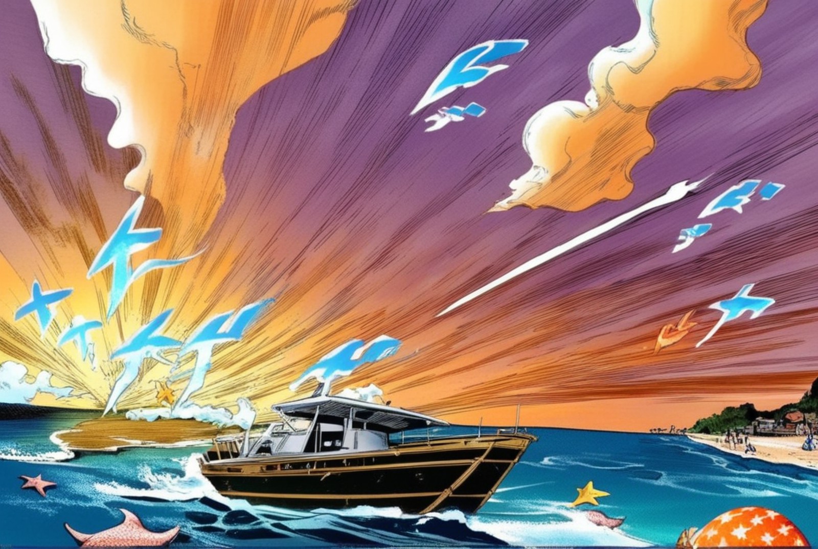 (old cartoon illustration) of
an old abandoned boat on the beach and surrounded by seagulls and starfish, storm and clouds...