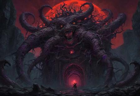 In the dimly lit chamber of cyclopean proportions, grotesque shadows danced upon the eldritch tapestries that adorned the walls, weaving a nightmarish symphony of indescribable horror. Sickly hues of otherworldly green and violet emanated from the blasphemous sigils etched into the ancient, crumbling stones, casting an eerie pallor upon the twisted forms that writhed in the abyssal darkness. The air hung heavy with an oppressive malevolence, as grotesque, tentacled monstrosities coiled around the pillars of the accursed altar, their gelatinous appendages reaching towards a forbidden cosmic portal. The tortured visages of half-formed abominations, suspended in a miasma of unfathomable dread, stared out from the mural, their eyes void of sanity in the presence of cosmic secrets too profound for mortal comprehension. A blood-red moon, swollen and malevolent, loomed in the alien sky, casting its baleful gaze upon a landscape where the boundaries between nightmare and reality dissolved into an indistinct, nightmarish tableau.