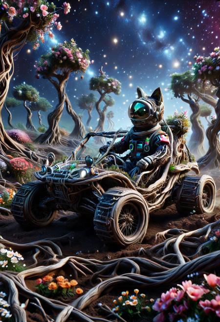 morph-treeroots, (made of roots:1.3), closeup shot, from side, cute small offroad buggy, astronaut cat driving, wear round goggles, wear astronaut suit, run through in space planet forest, Dust, flowers, cinematic, cinematic lighting, (masterpiece, best quality:1.4), ultra-high res, 4k, Photorealistic, insanely detailed, sfw,
