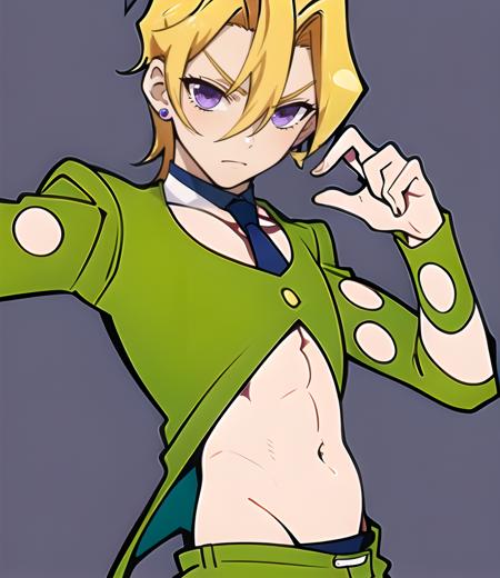 fugo,  1boy,  tie,  purple eyes,  cute,  green suit,  clothing cutout,  solo,  navel,  simple background,  nomura tetsuya,  blonde hair,  thin waist,  stud earrings,  teen,  blushing,  pose, War of the Visions  , Style,<lora:EMS-247136-EMS:0.800000>,<lora:EMS-44276-EMS:0.800000>