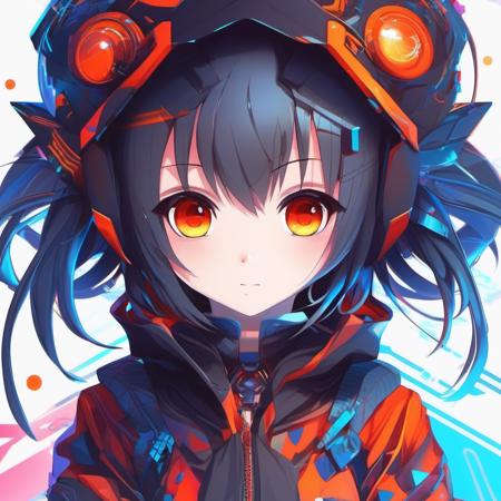 ((anime)), 1girl, chibi, red-blue glitch, glitch, computer glitch, cyber, big head, orange eyes, full body, big eyes, complex glitch dimension background