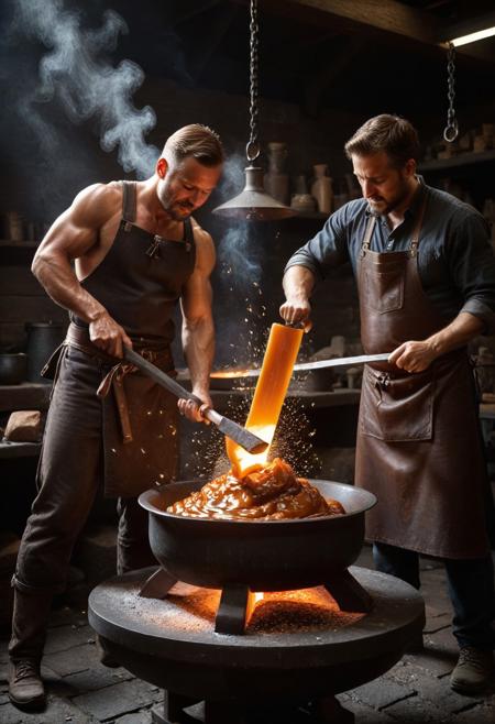 High Resolution, masterpiece, best quality, ultra-detailed, hyperrealistic,
a blacksmith at an anvil in a forge,
action shot, dynamic pose,
the blacksmith is hammering not metal, but a glowing, molten lump of caramel, sparks of sugar fly from the impact, crafting a beautiful dessert or a sharp weapon,
dark, fiery workshop,
fantasy, powerful, high contrast between the dark forge and the glowing caramel,
detailed, caraf