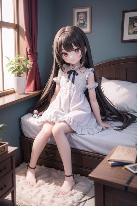 (masterpiece),  indoors,  bedroom,  bed,  sitting,  1girl,  smile,  long hair,  frilled dress,  doll,  many dolls,  a lot of dolls