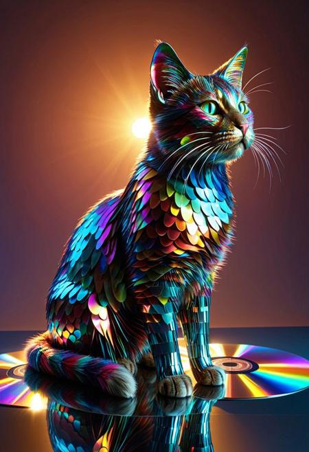 A stylized cat made of compact discs, its body reflecting iridescent light with rainbow hues, intricate patterns of CDs layered to form fur, futuristic and artistic design, glowing reflections, soft ambient lighting, highly detailed, hyper realistic textures, colorful and creative composition, studio background, made of cd's